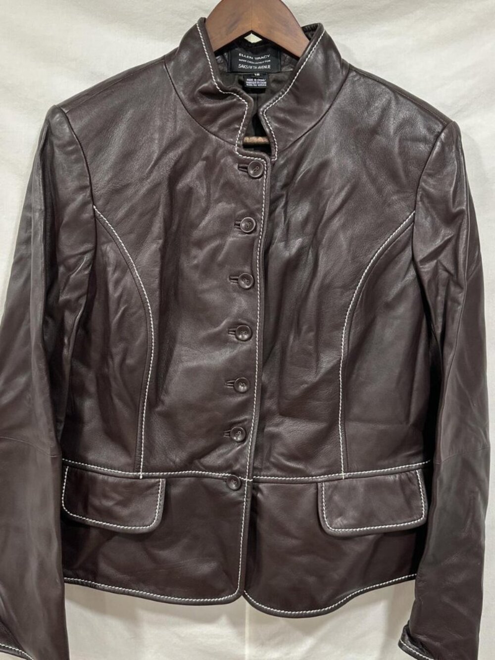 Brown leather jacket with white stitching - Ellen Tracy